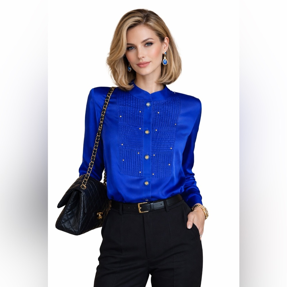 Vintage Regal Royal Blue Button Up Sheer Blouse - Gold Accents / Buttons - Sz L